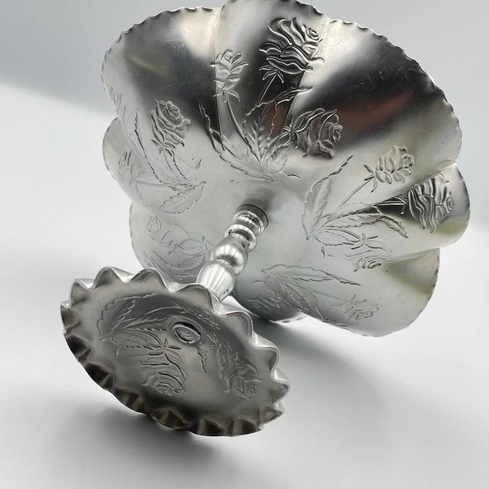 Vintage‎ Aluminum Rose Compote Pedestal Candy Dish 7